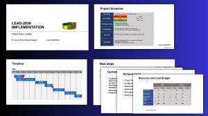 The project update template provides a clear structure for presenting the current project status with respect to schedule, quality, risks and budget. It also provides an outlook for the upcoming project activities.